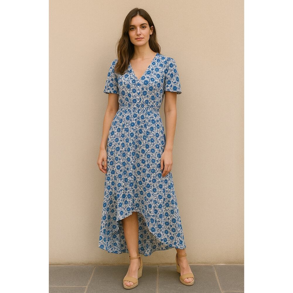 Abel The Label Blue White Floral Midi Dress L Wrap V Neck Cottagecore Boho